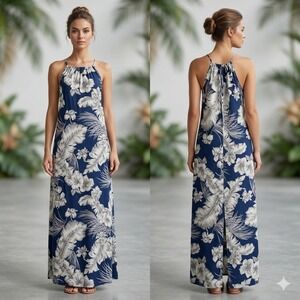 Makai Beach Womens Navy Blue Tropical Floral Cotton Maxi Dress Hawaii Size M